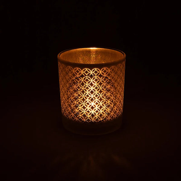 Kerzenhalter „Blume des Lebens“ – Glas gefrostet & metallic (7,5 × 8 cm)