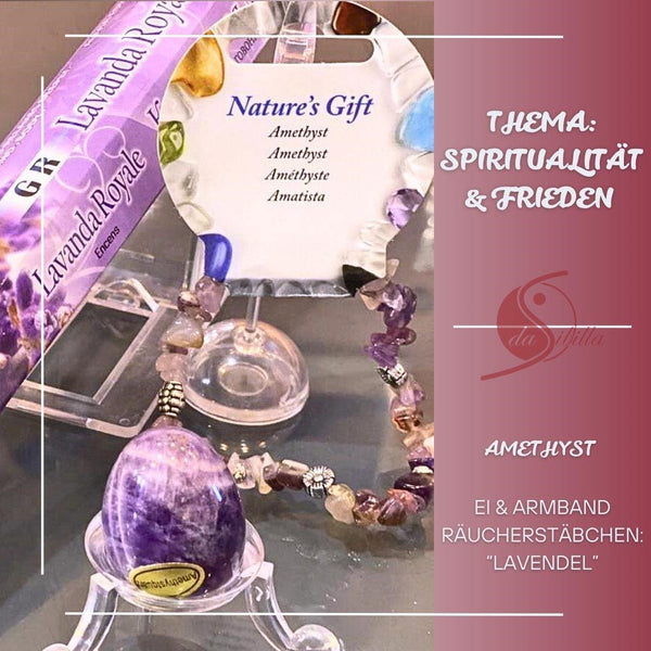 Oster-Set Amethyst mit Halbedelstein-Ei, Amethyst-Splitterarmband mit silberfarbenen Zwischenteilen und Lavendel-Räucherstäbchen.