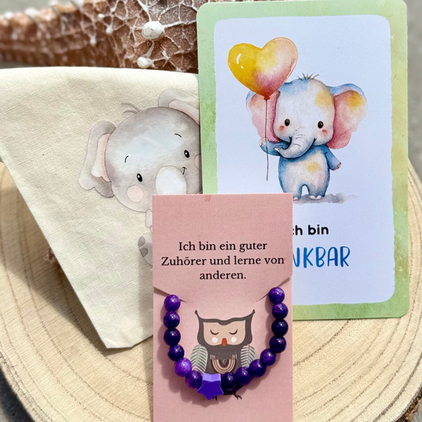 Mutmacher-Armband für Kinder aus Amethyst mit Affirmationskarte, Kraftkarte und Stoffbeutel