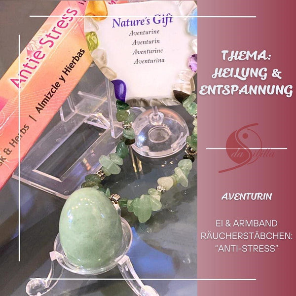 Oster-Set Aventurin mit Halbedelstein-Ei, Aventurin-Splitterarmband mit Metall-Elementen und Anti-Stress-Räucherstäbchen.