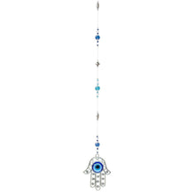 Laden Sie das Bild in den Galerie-Viewer, Suncatcher Hand der Fatima Hamsa Glas Metall blau 50 cm Schutzsymbol
