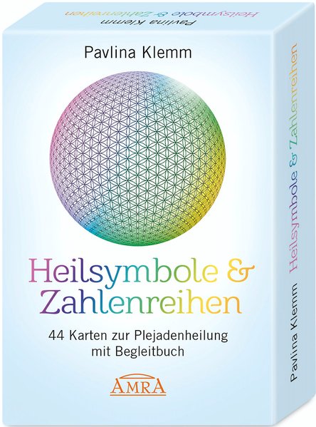 Heilsymbole & Zahlenreihen Kartenset von Pavlina Klemm mit 44 Karten und gebundenem Begleitbuch, Amra Verlag.