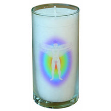 Laden Sie das Bild in den Galerie-Viewer, Kerze Chakra Aktivierung im Glas weiß 14 cm aus Stearin

