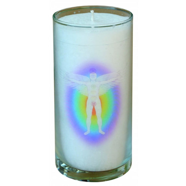 Kerze Chakra Aktivierung im Glas weiß 14 cm aus Stearin