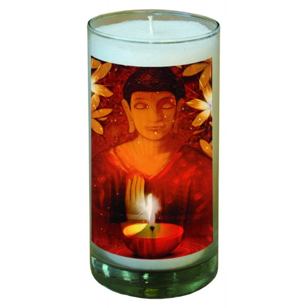 Kerze Buddha im Glas weiß 14 cm aus Stearin