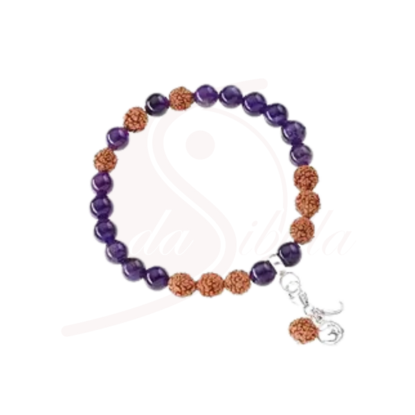 Mala Armband Amethyst mit Rudraksha und Om-Charm aus 925 Silber