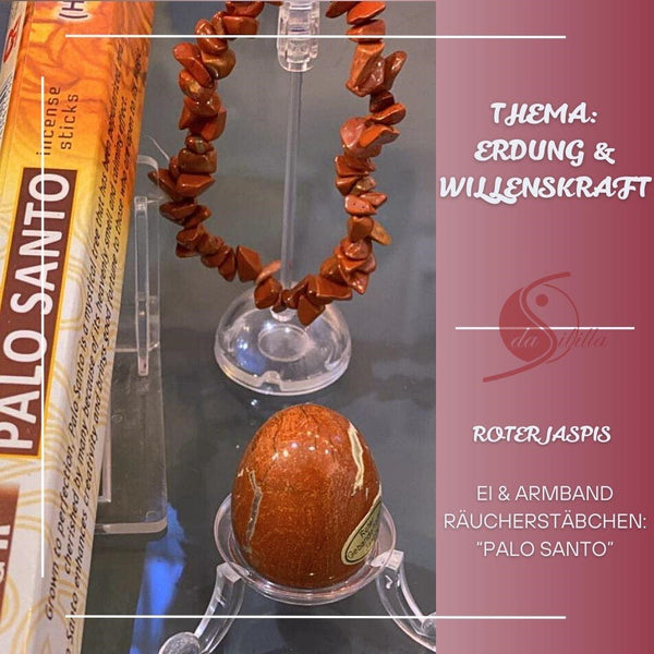 Oster-Set Roter Jaspis mit Halbedelstein-Ei, Jaspis-Splitterarmband und Palo-Santo-Räucherstäbchen für Erdung und Willenskraft.