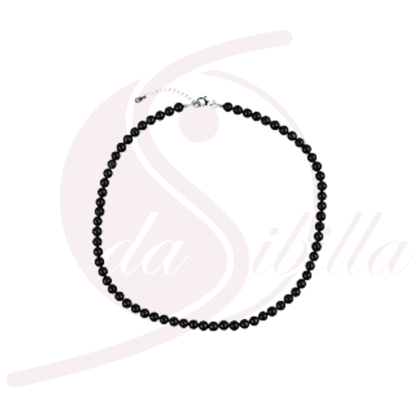Schungit Kette 6 mm Kugeln, rhodiniertes Silber 925, schwarzer Halbedelstein für Stabilität
