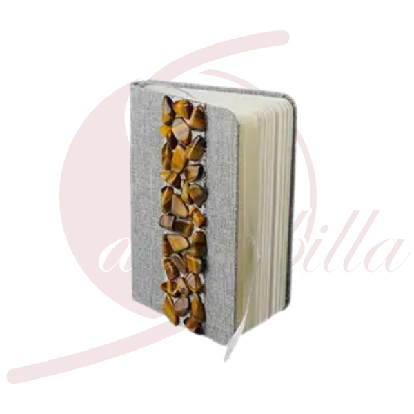 Notizbuch mit Tigerauge Steinen hellgrau 14x10 cm Journal Tagebuch Fokus Klarheit