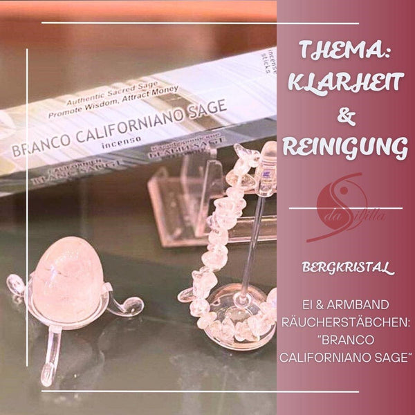 Oster-Set Bergkristall „Klarheit“ – Edelstein-Ei, Splitterarmband & Salbei-Räucherstäbchen