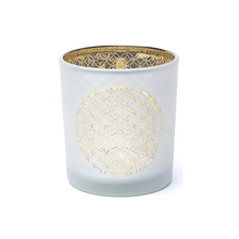 Laden Sie das Bild in den Galerie-Viewer, Kerzenhalter „Blume des Lebens“ – gefrostetes Glas mit metallic Schimmer, Symbol für Harmonie, Schutz und Energie.
