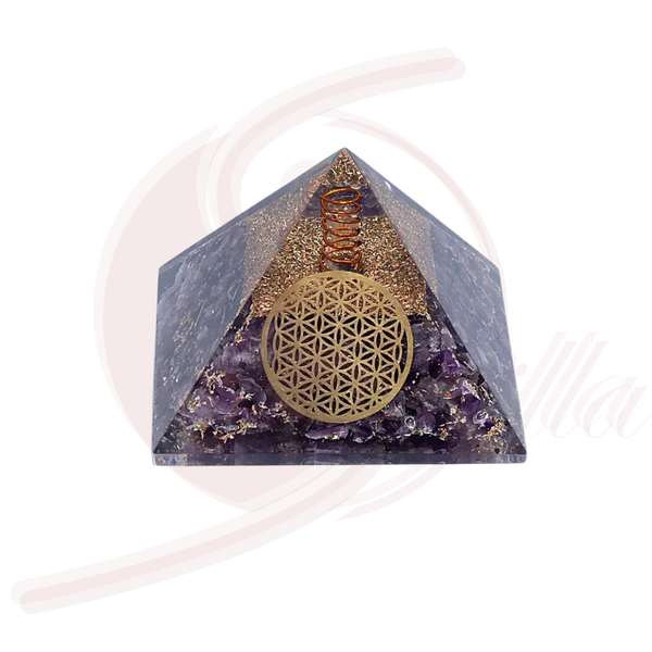 Orgonit Pyramide mit Amethyst und Blume des Lebens 7 cm
